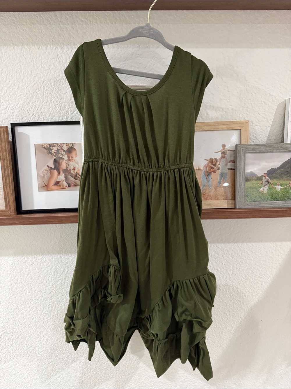 Girls Olive Green Ruffle Hem Dress